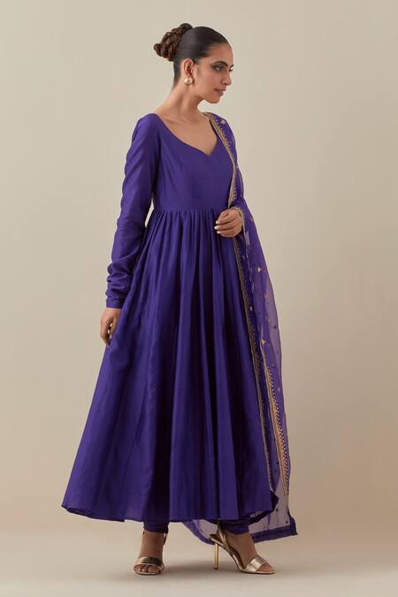 Buy_Priyal Prakash_Purple Chanderi, Cotton, Silk Organza Anarkali Set With Embroidered Dupatta_Online_at_Aza_Fashions