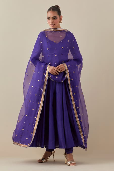 Priyal Prakash_Purple Chanderi, Cotton, Silk Organza Anarkali Set With Embroidered Dupatta_at_Aza_Fashions