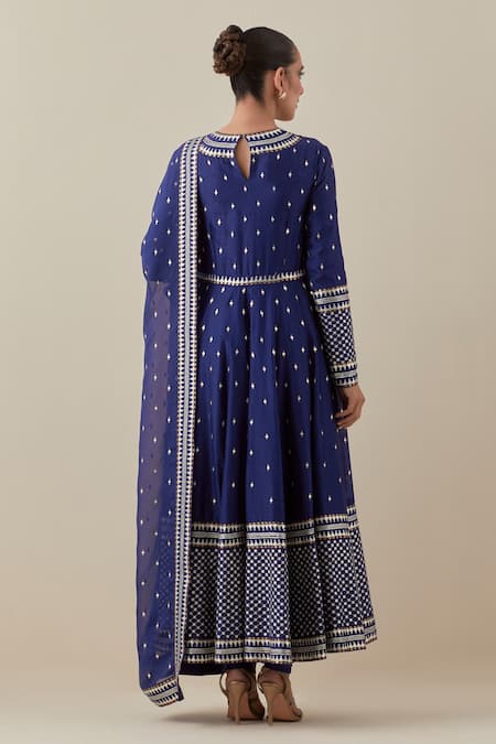 Shop Priyal Prakash Blue Chanderi, Cotton, Viscose Sequins, Zari Round Neck Embroidered Anarkali Set at Aza Fashions Shop_Priyal Prakash_Blue Chanderi, Cotton, Viscose Sequins, Zari Round Neck Embroidered Anarkali Set _at_Aza_Fashions