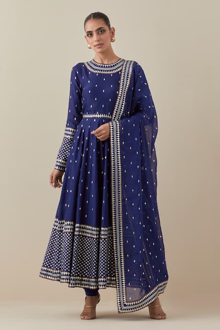 Priyal Prakash Blue Chanderi, Cotton, Viscose Sequins, Zari Round Neck Embroidered Anarkali Set Online at Aza Fashions Priyal Prakash_Blue Chanderi, Cotton, Viscose Sequins, Zari Round Neck Embroidered Anarkali Set _Online_at_Aza_Fashions