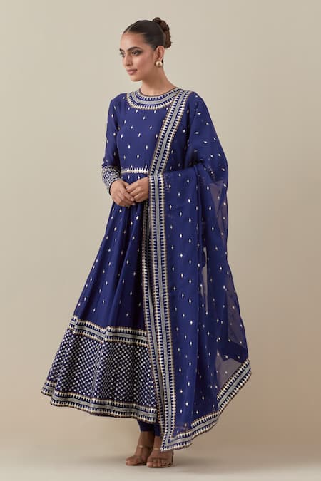 Buy Priyal Prakash Blue Chanderi, Cotton, Viscose Sequins, Zari Round Neck Embroidered Anarkali Set Online at Aza Fashions Buy_Priyal Prakash_Blue Chanderi, Cotton, Viscose Sequins, Zari Round Neck Embroidered Anarkali Set _Online_at_Aza_Fashions