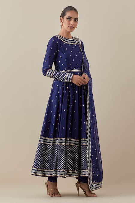 Shop Priyal Prakash Blue Chanderi, Cotton, Viscose Sequins, Zari Round Neck Embroidered Anarkali Set Online at Aza Fashions Shop_Priyal Prakash_Blue Chanderi, Cotton, Viscose Sequins, Zari Round Neck Embroidered Anarkali Set _Online_at_Aza_Fashions