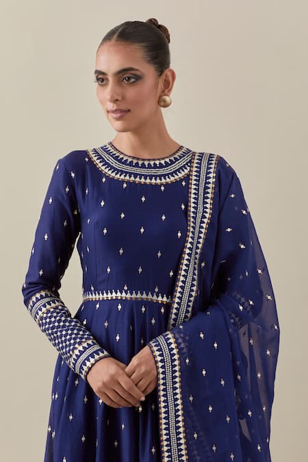 Priyal Prakash Blue Chanderi, Cotton, Viscose Sequins, Zari Round Neck Embroidered Anarkali Set at Aza Fashions Priyal Prakash_Blue Chanderi, Cotton, Viscose Sequins, Zari Round Neck Embroidered Anarkali Set _at_Aza_Fashions