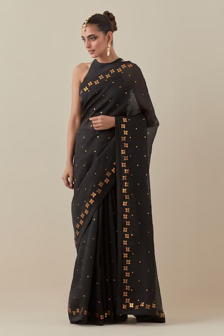 Priyal Prakash Black Silk Organza, Chanderi, Polyester Zardozi Embroidered Saree With Blouse Online at Aza Fashions Priyal Prakash_Black Silk Organza, Chanderi, Polyester Zardozi Embroidered Saree With Blouse _Online_at_Aza_Fashions