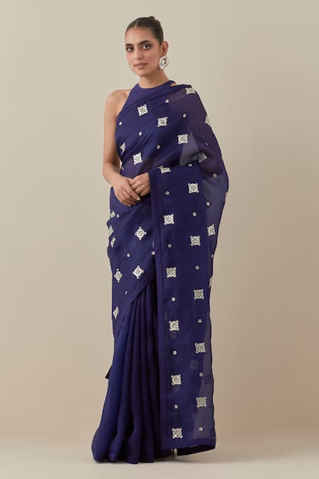Priyal Prakash Blue Silk Organza, Chanderi, Polyester Geometric Embroidered Saree With Blouse Online at Aza Fashions Priyal Prakash_Blue Silk Organza, Chanderi, Polyester Geometric Embroidered Saree With Blouse _Online_at_Aza_Fashions