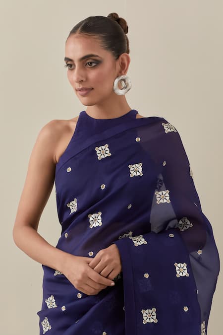 Shop Priyal Prakash Blue Silk Organza, Chanderi, Polyester Geometric Embroidered Saree With Blouse Online at Aza Fashions Shop_Priyal Prakash_Blue Silk Organza, Chanderi, Polyester Geometric Embroidered Saree With Blouse _Online_at_Aza_Fashions