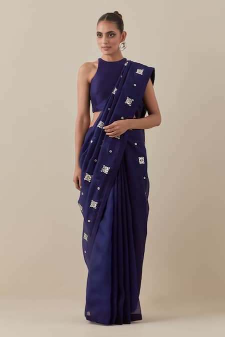 Priyal Prakash Blue Silk Organza, Chanderi, Polyester Geometric Embroidered Saree With Blouse at Aza Fashions Priyal Prakash_Blue Silk Organza, Chanderi, Polyester Geometric Embroidered Saree With Blouse _at_Aza_Fashions