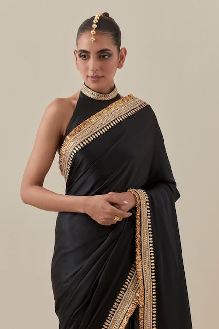 Buy_Priyal Prakash_Black Silk Satin, Silk, Polyester Zari, Border Embroidered Saree With Blouse _Online_at_Aza_Fashions