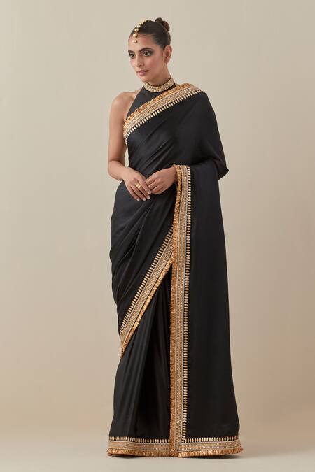 Shop_Priyal Prakash_Black Silk Satin, Silk, Polyester Zari, Border Embroidered Saree With Blouse _Online_at_Aza_Fashions