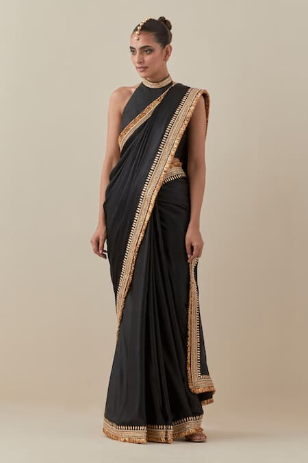Priyal Prakash_Black Silk Satin, Silk, Polyester Zari, Border Embroidered Saree With Blouse _at_Aza_Fashions