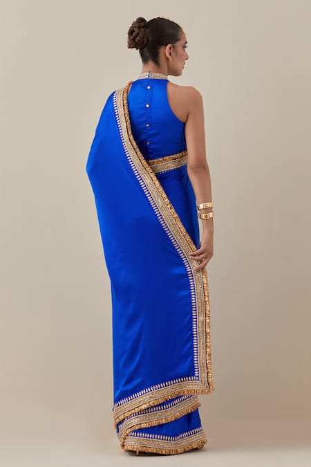 Shop Priyal Prakash Blue Silk Satin, Silk, Polyester Zardozi Border Embroidered Saree With Blouse at Aza Fashions Shop_Priyal Prakash_Blue Silk Satin, Silk, Polyester Zardozi Border Embroidered Saree With Blouse _at_Aza_Fashions