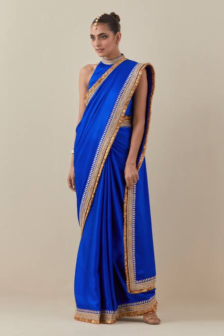 Shop Priyal Prakash Blue Silk Satin, Silk, Polyester Zardozi Border Embroidered Saree With Blouse Online at Aza Fashions Shop_Priyal Prakash_Blue Silk Satin, Silk, Polyester Zardozi Border Embroidered Saree With Blouse _Online_at_Aza_Fashions