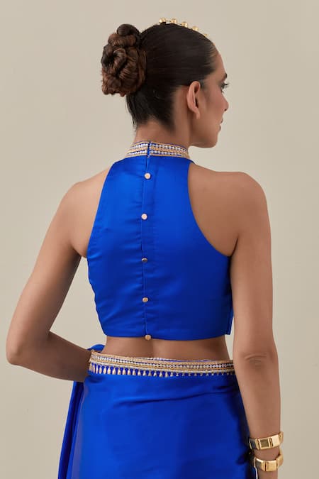 Buy Priyal Prakash Blue Silk Satin, Silk, Polyester Zardozi Border Embroidered Saree With Blouse Buy_Priyal Prakash_Blue Silk Satin, Silk, Polyester Zardozi Border Embroidered Saree With Blouse