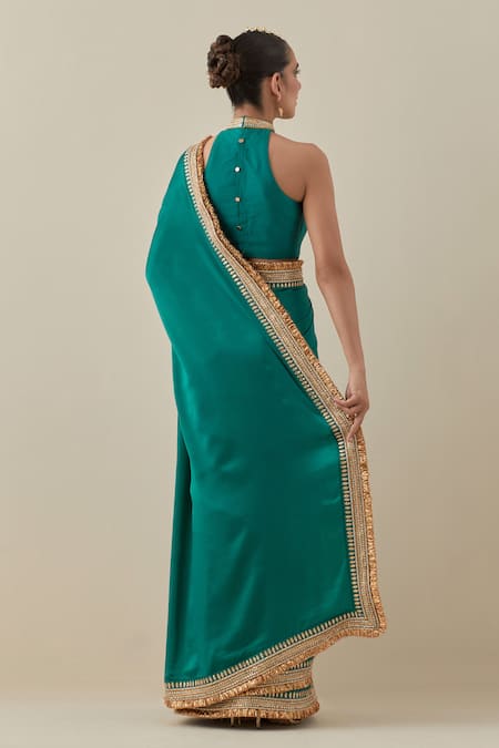 Shop Priyal Prakash Emerald Green Silk Satin, Silk, Gota Border Embroidered Saree With Blouse at Aza Fashions Shop_Priyal Prakash_Emerald Green Silk Satin, Silk, Gota Border Embroidered Saree With Blouse _at_Aza_Fashions