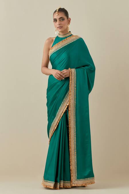 Priyal Prakash Emerald Green Silk Satin, Silk, Gota Border Embroidered Saree With Blouse Online at Aza Fashions Priyal Prakash_Emerald Green Silk Satin, Silk, Gota Border Embroidered Saree With Blouse _Online_at_Aza_Fashions