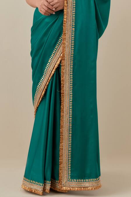 Buy Priyal Prakash Emerald Green Silk Satin, Silk, Gota Border Embroidered Saree With Blouse Online at Aza Fashions Buy_Priyal Prakash_Emerald Green Silk Satin, Silk, Gota Border Embroidered Saree With Blouse _Online_at_Aza_Fashions