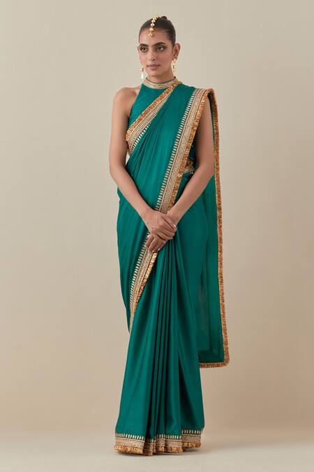 Priyal Prakash Emerald Green Silk Satin, Silk, Gota Border Embroidered Saree With Blouse at Aza Fashions Priyal Prakash_Emerald Green Silk Satin, Silk, Gota Border Embroidered Saree With Blouse _at_Aza_Fashions