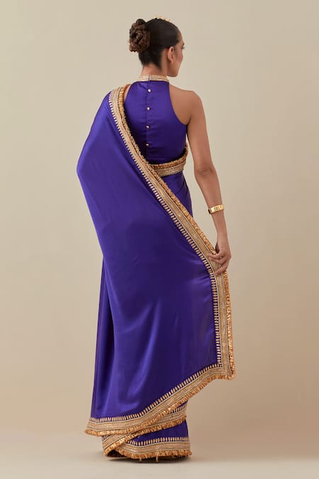Shop Priyal Prakash Purple Silk Satin, Silk, Geometric Border Embroidered Saree With Blouse at Aza Fashions Shop_Priyal Prakash_Purple Silk Satin, Silk, Geometric Border Embroidered Saree With Blouse _at_Aza_Fashions