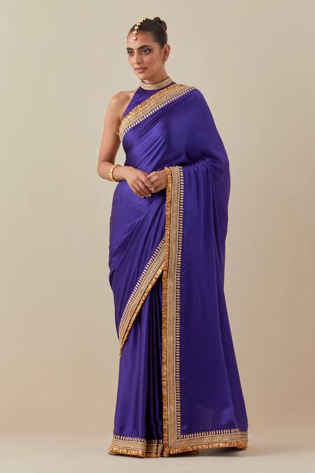 Shop Priyal Prakash Purple Silk Satin, Silk, Geometric Border Embroidered Saree With Blouse Online at Aza Fashions Shop_Priyal Prakash_Purple Silk Satin, Silk, Geometric Border Embroidered Saree With Blouse _Online_at_Aza_Fashions