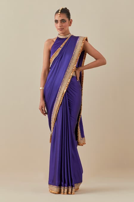 Priyal Prakash Purple Silk Satin, Silk, Geometric Border Embroidered Saree With Blouse at Aza Fashions Priyal Prakash_Purple Silk Satin, Silk, Geometric Border Embroidered Saree With Blouse _at_Aza_Fashions