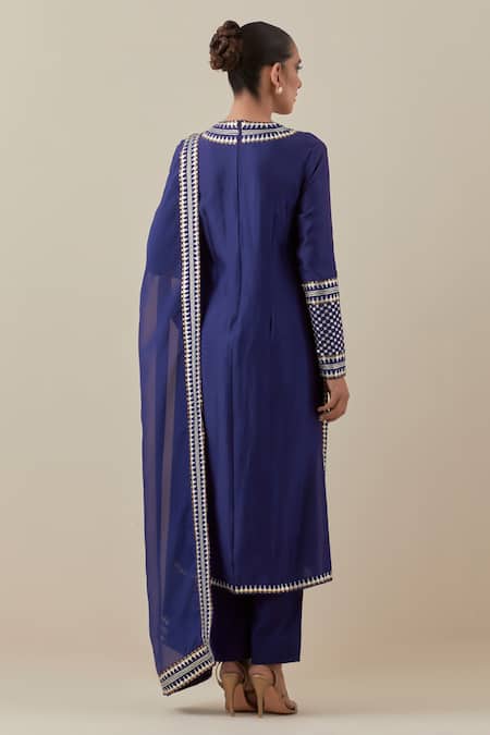Shop_Priyal Prakash_Blue Chanderi, Viscose, Cotton Embroidery, Sequins Neckline Kurta Pant Set _at_Aza_Fashions