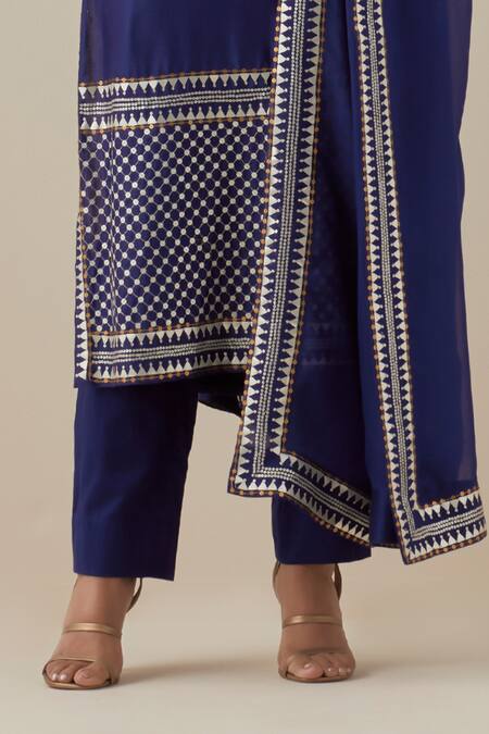 Priyal Prakash_Blue Chanderi, Viscose, Cotton Embroidery, Sequins Neckline Kurta Pant Set _Online_at_Aza_Fashions