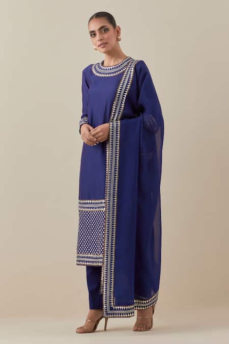 Buy_Priyal Prakash_Blue Chanderi, Viscose, Cotton Embroidery, Sequins Neckline Kurta Pant Set _Online_at_Aza_Fashions