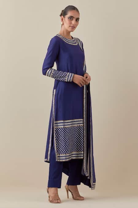 Shop_Priyal Prakash_Blue Chanderi, Viscose, Cotton Embroidery, Sequins Neckline Kurta Pant Set _Online_at_Aza_Fashions