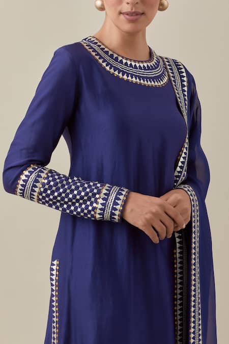 Priyal Prakash_Blue Chanderi, Viscose, Cotton Embroidery, Sequins Neckline Kurta Pant Set _at_Aza_Fashions