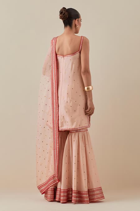 Shop Priyal Prakash Peach Chanderi, Silk Organza Sequins, Applique, Embroidered Kurta Gharara Set at Aza Fashions Shop_Priyal Prakash_Peach Chanderi, Silk Organza Sequins, Applique, Embroidered Kurta Gharara Set _at_Aza_Fashions