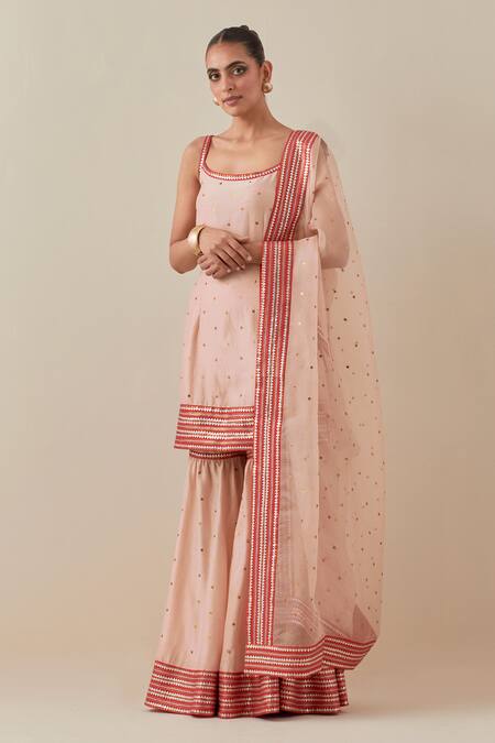 Priyal Prakash Peach Chanderi, Silk Organza Sequins, Applique, Embroidered Kurta Gharara Set Online at Aza Fashions Priyal Prakash_Peach Chanderi, Silk Organza Sequins, Applique, Embroidered Kurta Gharara Set _Online_at_Aza_Fashions