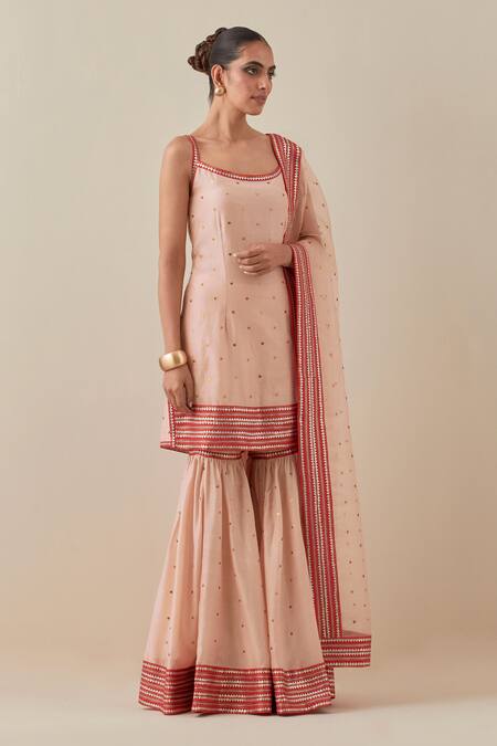 Buy Priyal Prakash Peach Chanderi, Silk Organza Sequins, Applique, Embroidered Kurta Gharara Set Online at Aza Fashions Buy_Priyal Prakash_Peach Chanderi, Silk Organza Sequins, Applique, Embroidered Kurta Gharara Set _Online_at_Aza_Fashions