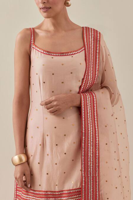 Shop Priyal Prakash Peach Chanderi, Silk Organza Sequins, Applique, Embroidered Kurta Gharara Set Online at Aza Fashions Shop_Priyal Prakash_Peach Chanderi, Silk Organza Sequins, Applique, Embroidered Kurta Gharara Set _Online_at_Aza_Fashions