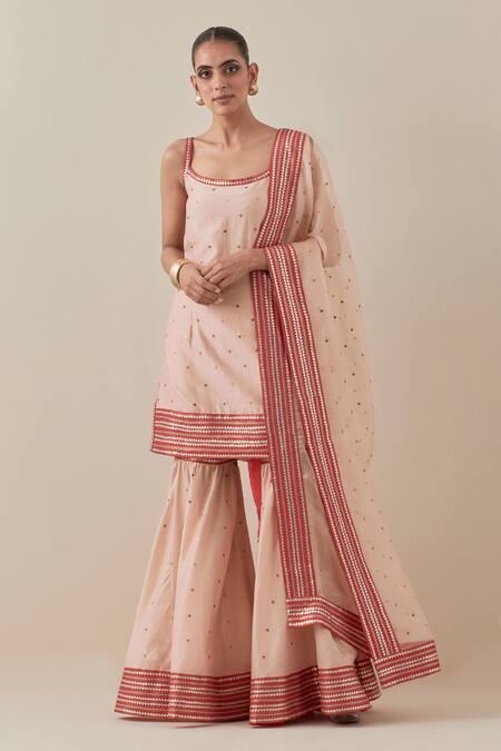 Priyal Prakash Peach Chanderi, Silk Organza Sequins, Applique, Embroidered Kurta Gharara Set at Aza Fashions Priyal Prakash_Peach Chanderi, Silk Organza Sequins, Applique, Embroidered Kurta Gharara Set _at_Aza_Fashions