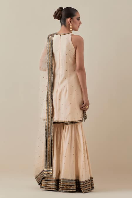Shop_Priyal Prakash_Beige Chanderi, Silk Organza Sequins, Zari, Applique Embroidered Kurta Set _at_Aza_Fashions