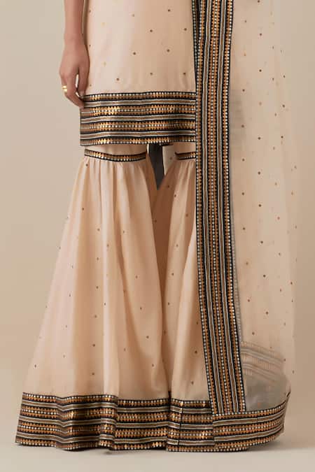 Buy_Priyal Prakash_Beige Chanderi, Silk Organza Sequins, Zari, Applique Embroidered Kurta Set _Online_at_Aza_Fashions