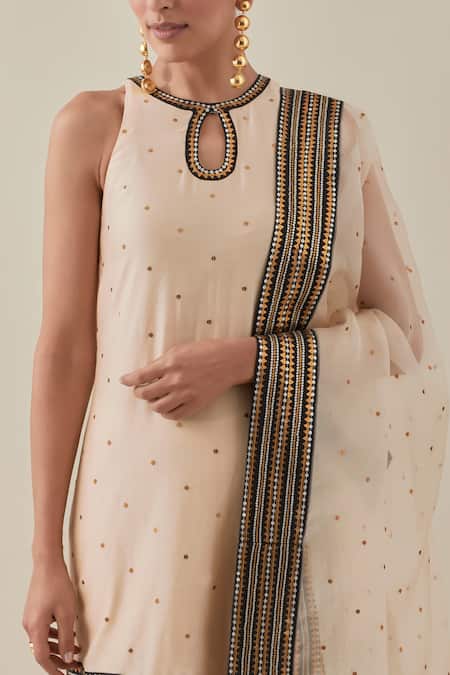 Buy_Priyal Prakash_Beige Chanderi, Silk Organza Sequins, Zari, Applique Embroidered Kurta Set 