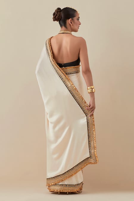 Shop_Priyal Prakash_Ivory Silk Satin, Silk, Polyester Beads, Sequins, Zari Border Saree With Blouse _at_Aza_Fashions