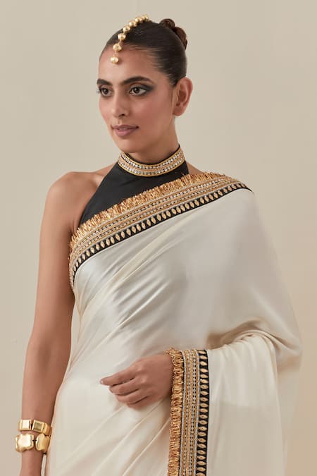 Buy_Priyal Prakash_Ivory Silk Satin, Silk, Polyester Beads, Sequins, Zari Border Saree With Blouse _Online_at_Aza_Fashions