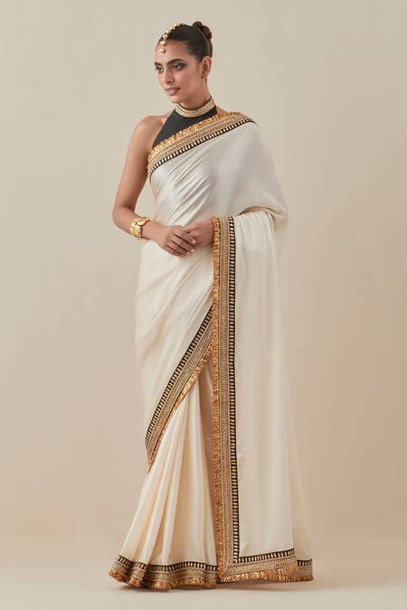 Shop_Priyal Prakash_Ivory Silk Satin, Silk, Polyester Beads, Sequins, Zari Border Saree With Blouse _Online_at_Aza_Fashions