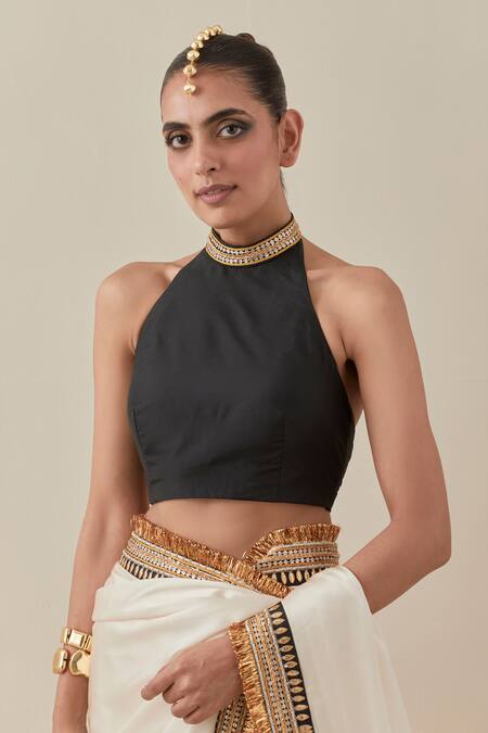 Buy_Priyal Prakash_Ivory Silk Satin, Silk, Polyester Beads, Sequins, Zari Border Saree With Blouse 