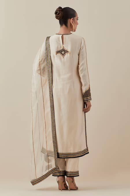 Shop_Priyal Prakash_Beige Chanderi, Cotton, Silk Organza Sequins, Zari Round Embroidered Kurta Set _at_Aza_Fashions