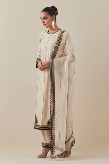 Buy_Priyal Prakash_Beige Chanderi, Cotton, Silk Organza Sequins, Zari Round Embroidered Kurta Set _Online_at_Aza_Fashions