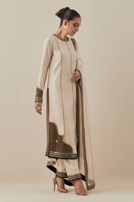 Shop_Priyal Prakash_Beige Chanderi, Cotton, Silk Organza Sequins, Zari Round Embroidered Kurta Set _Online_at_Aza_Fashions