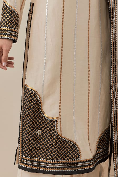 Priyal Prakash_Beige Chanderi, Cotton, Silk Organza Sequins, Zari Round Embroidered Kurta Set _at_Aza_Fashions