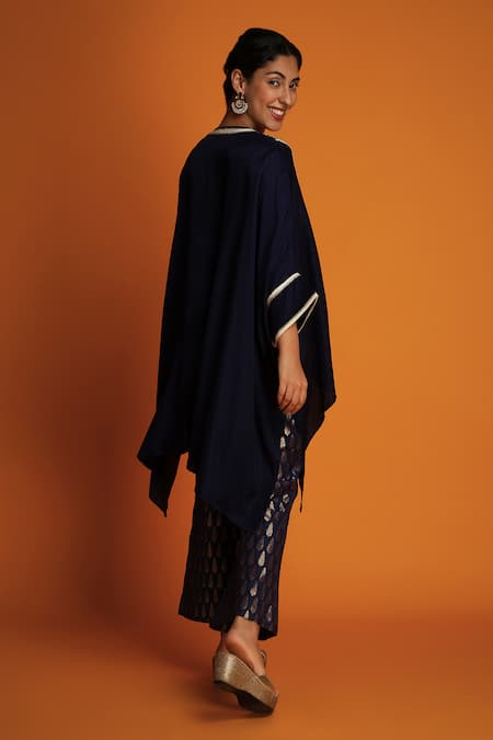 Krishna Mehta_Blue Modal Embroidery Round Neck Hand Yoke Kaftan _Online_at_Aza_Fashions