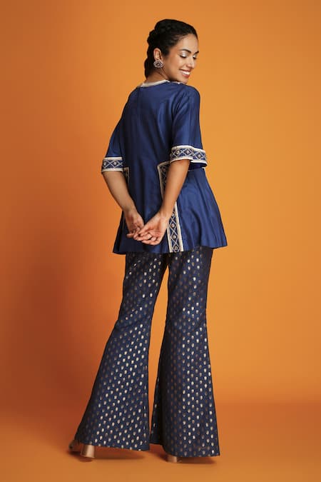 Krishna Mehta Blue Modal Placement Hand Embroidery Zardozi Round Neck Yoke Tunic Online at Aza Fashions Krishna Mehta_Blue Modal Placement Hand Embroidery Zardozi Round Neck Yoke Tunic _Online_at_Aza_Fashions