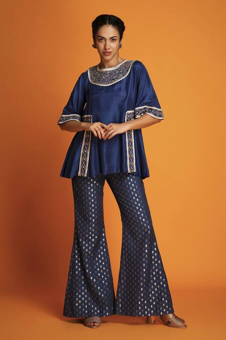Buy Krishna Mehta Blue Modal Placement Hand Embroidery Zardozi Round Neck Yoke Tunic Online at Aza Fashions Buy_Krishna Mehta_Blue Modal Placement Hand Embroidery Zardozi Round Neck Yoke Tunic _Online_at_Aza_Fashions