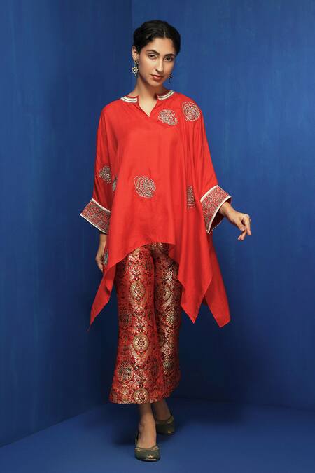 Buy Krishna Mehta Red Chanderi Zari Split V-neck Hand Embroidered Kaftan Online at Aza Fashions Buy_Krishna Mehta_Red Chanderi Zari Split V-neck Hand Embroidered Kaftan _Online_at_Aza_Fashions