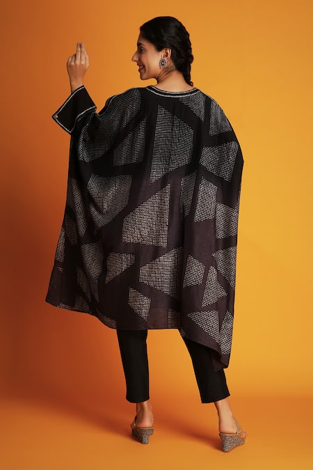 Shop Krishna Mehta Black Tussar Zari Open Neck Hand Block Print Tunic With Pant at Aza Fashions Shop_Krishna Mehta_Black Tussar Zari Open Neck Hand Block Print Tunic With Pant _at_Aza_Fashions